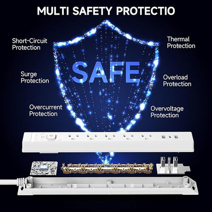 10 Ft Power Strip Surge Protector with USB Ports, Flat Plug Extension Cord, 5 AC Outlets and 3 USB Charging Ports, Wall Mountable, ETL Listed – White for Home, Office, Dorm
