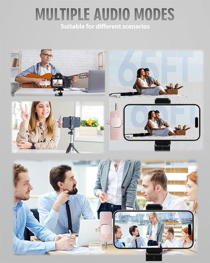 PQRQP 3 in 1 Wireless Lavalier Microphone for iPhone, iPad, Android, Camera, Mini Microphone, 7-Hour Battery, High Definition Sound Quality for Interview, Video Podcast, Vlog (Pink)