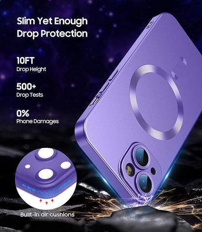Magnetic for iPhone 15 Case [Compatible with MagSafe][Built-in Camera Lens Protector] Slim Soft Silicone Bumper Shockproof Metallic Shine Phone Case (Purple)