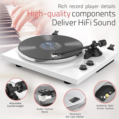Turntables Record Player for Vinyl with Wireless Output Connectivity Belt-Drive 33 45 RPM Speed Phono Line USB Digital to PC Recording MM Audio Cartridge Stylus Adjustable Counterweight Piano White