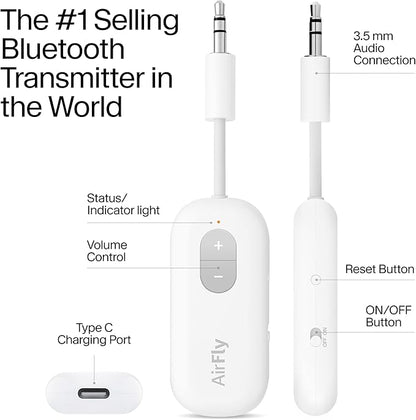 Twelve South AirFly SE | Bluetooth Wireless Audio Transmitter Adapter for AirPods/Headphones, 20+ Hr Battery, Works with 3.5mm aux Jacks on Airplanes, TVs, Gym Equipment, and Travel