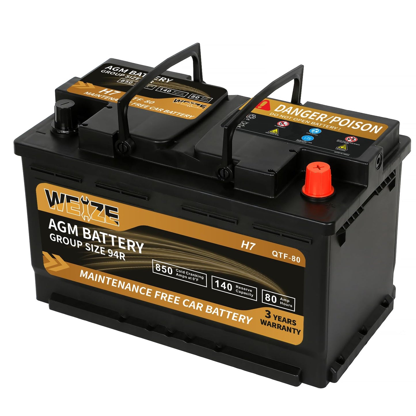 Weize Platinum AGM Battery BCI Group 94R - 12v 80ah H7 Size 94R Automotive Battery, 140RC, 850CCA, 36 Months Warranty, Dimensions 12.4" L x 6.89" W x 7.48" H
