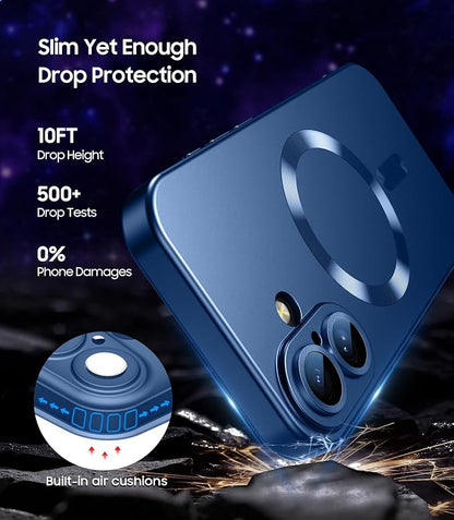 Magnetic for iPhone 16 Case [Compatible with MagSafe][Built-in Camera Lens Protector] Slim Soft Silicone Bumper Shockproof Metallic Luster Phone Case (Blue)