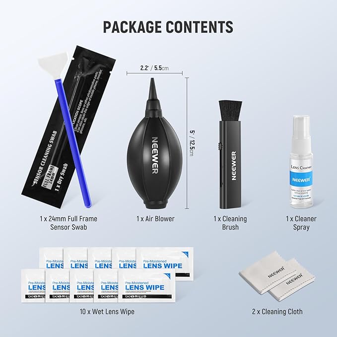 NEEWER 16 in 1 Camera Lens Cleaning Kit, 1x Brush + 1x Air Blower + 1x Cleaning Swab for 24mm Full Frame Sensor + 1x Cleaner Spray + 2X Cloth + 10x Wet Lens Wipe, HM-44