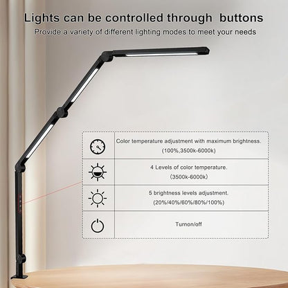 LED Desk Lamp with Clamp & Flexible Arm - 3 Light Sources, 4 Color Modes & 5 Brightness Levels, Eye-Caring Table Light with Memory Function