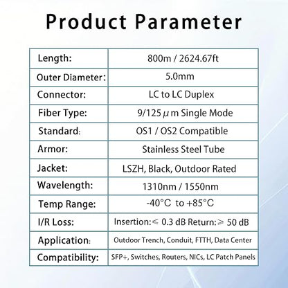 800M/2625FT LC to LC Armored Outdoor Fiber Optic Cable, Single Mode Duplex 9/125μm SMF Fiber Patch Cord, OS1/OS2 Compatible, Black LSZH Jacket, Uniboot Jumper for FTTH, Data Center, Long-Distance Use