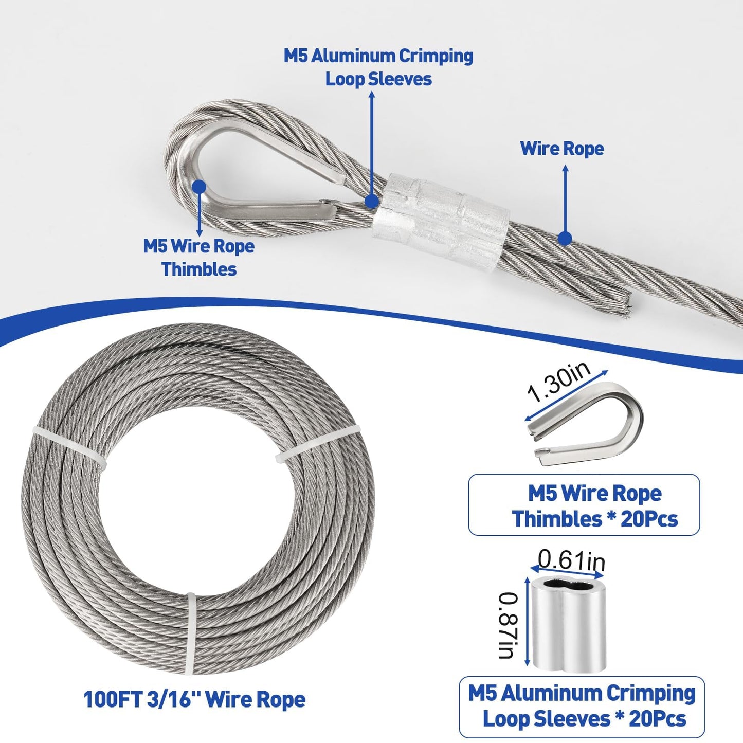 TooTaci 3/16" Stainless Steel Cable, 100ft Wire Rope with Aluminum Crimping Sleeve&Thimbles, 7x19 Strands, 3700lbs Breaking Strength Heavy Duty Aircraft Cable for Zipline, Deck Railing, Shade Sail