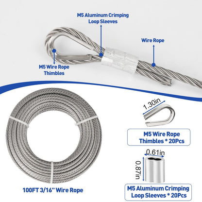 TooTaci 3/16" Stainless Steel Cable, 100ft Wire Rope with Aluminum Crimping Sleeve&Thimbles, 7x19 Strands, 3700lbs Breaking Strength Heavy Duty Aircraft Cable for Zipline, Deck Railing, Shade Sail