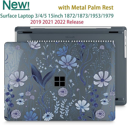 Tuiklol Case for 15 Inch Microsoft Surface Laptop 5/4/3 2022-2020, Model 1979/1953/1872/1873 Hard Shell Cover, Keyboard Cover+Screen Protector+Dust Plugs,Blue Line Floral