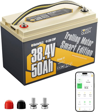 Power Queen 36V50Ah LiFePO4 Battery with Bluetooth 5.0 Remote Control, Low-temperature Protection, 1920Wh Energy, Deep Cycle Lithiumn Battery for 36V Trolling Motor Up To 120 lb
