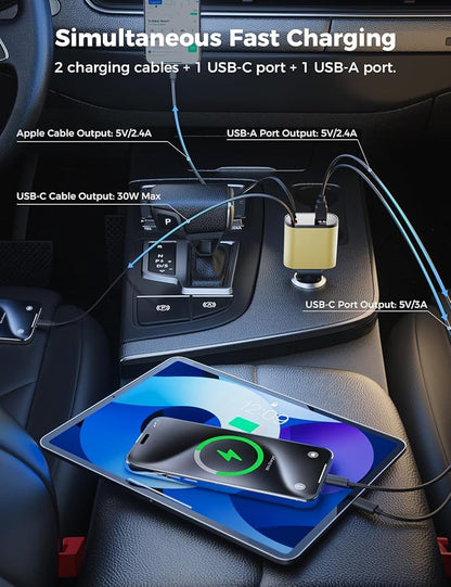 【Upgraded】 SUPERONE Retractable Car Charger 4 in 1, Fast Car Phone Charger with Cord 2.6ft, USB C and Apple Car Charger Adapter, Compatible with iPhone 15/15 Pro Max/14/13/12/11, Galaxy, Pixel