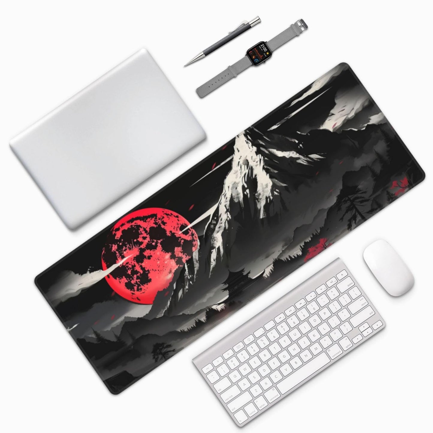 Extended Gaming Mouse Pad, Large Desk Mat XL Anime Mouse Pad Waterproof with Stitched Edges, Non-Slip Desktop Pad for Home and Office, Level Up Your 31.5x11.8 Inch (Snow Mountain)