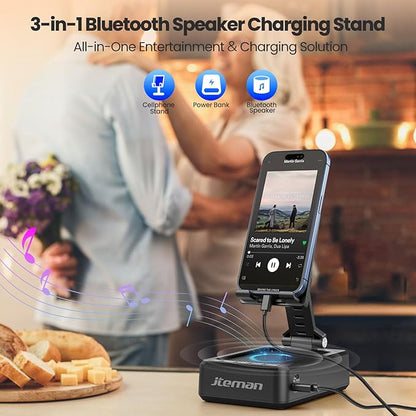JTEMAN Cell Phone Stand with Bluetooth Speaker and Charging Function,Bluetooth Audio Power Bank Bracket,Birthday Gifts for Men Women,Kitchen Gadgets for Most Phones and Tablets-Black