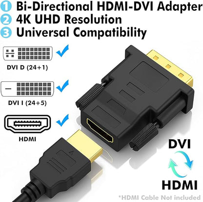 DVI to HDMI Adapter, 2-Pack – Bi-Directional DVI-D Male to HDMI Female Converter – 4K/30Hz UHD Video Support for Monitor, HDTV, Projector, PC, PS4, Laptop – Gold-Plated Connectors