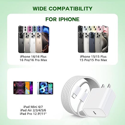 iPhone 16 15 Charger Fast Charging,3Pack 20W USB C Charger Type C Chargers Plug Wall Chargers 10FT USB-C Woven Charge Cable for iPhone 16e/16 Pro Max/16Pro/16 Plus/15 ProMax/iPad Pro/Air/Mini,AirPods