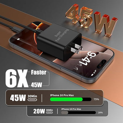 iPhone 16 Pro Max Charger Fast Charging, 45W Super Fast USB C Chargers for iPhone 16 15 6FT+6FT+10FT Type C Chargers Cord with Fast Charger Block for iPhone 16/15 Series/iPad/ GalaxyS24 Black