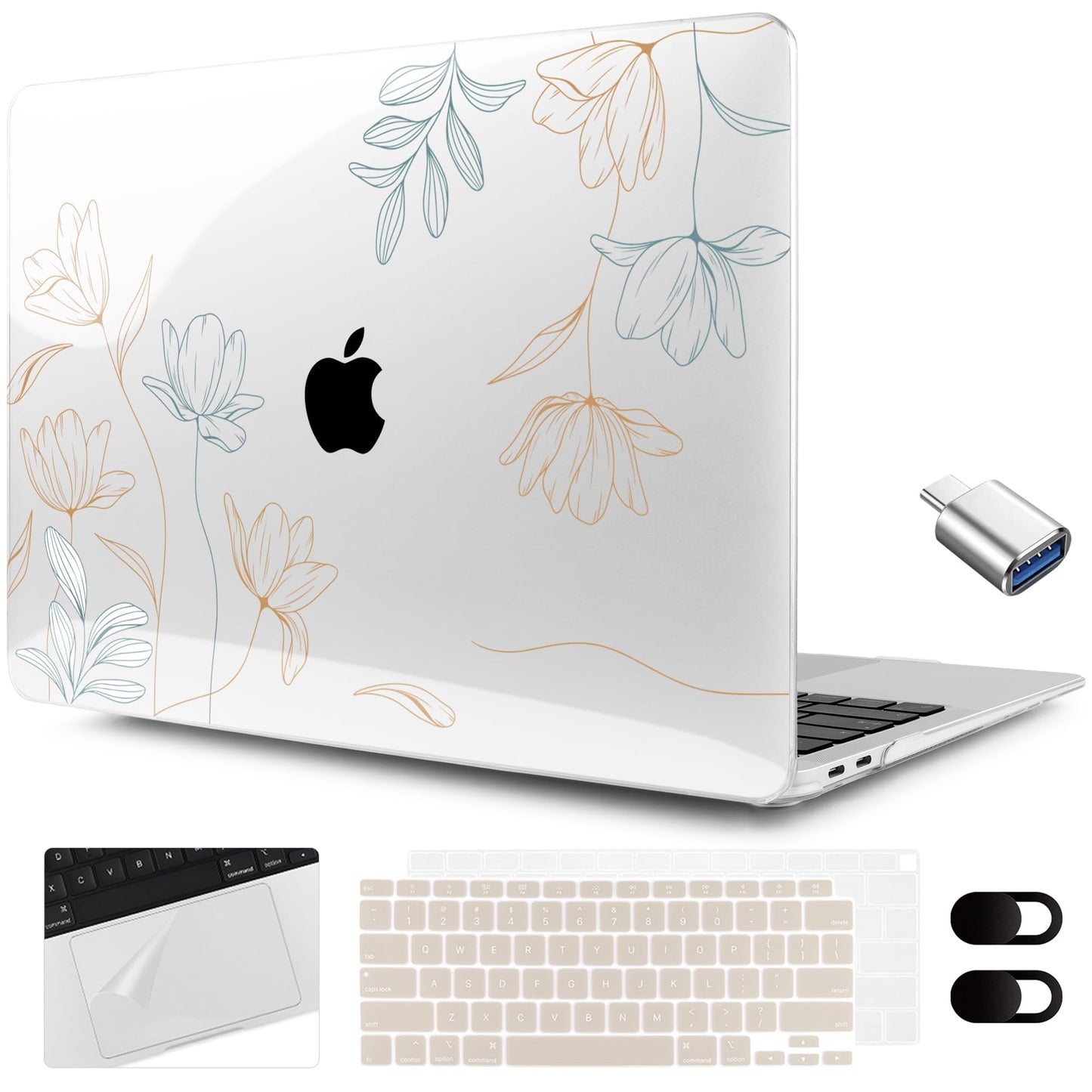 MEEgoodo for MacBook Air 13.3 inch Case 2021 2020 2019 2018 A2337 M1 A2179 A1932, Clear Case for MacBook Air M1, Hard Shell with Keyboard Webcam Cover & Trackpad Film & Type C Adapter,Engraving Floral
