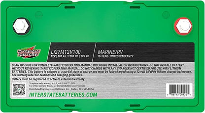 Interstate Batteries 12V 100Ah Group Size 27M Lithium Marine/RV Deep Cycle LiFePO4 Battery, Maintenance Free, Lightweight, Ideal For Boats, RV Camping, Off-Grid, Yachts (Li27M12V100)