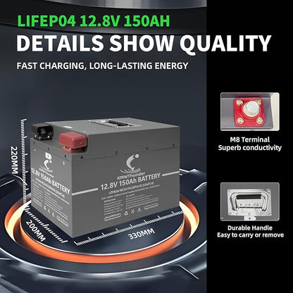 LiFePO4 Battery, 12V 150AH Lithium Battery with Build-in BMS, 4500+ Deep Cycles Lithium Iron Phosphate Battery for RV, Solar, Marine, Off Grid Applications and More (12V 150AH)…