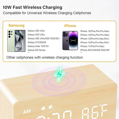 MOSITO Digital Wooden Alarm Clock with Wireless Charging, 0-100% Dimmer, Dual Alarm, Weekday/Weekend Mode, Snooze, Wood LED Clocks for Bedroom, Bedside, Desk, Kids (Bamboo)