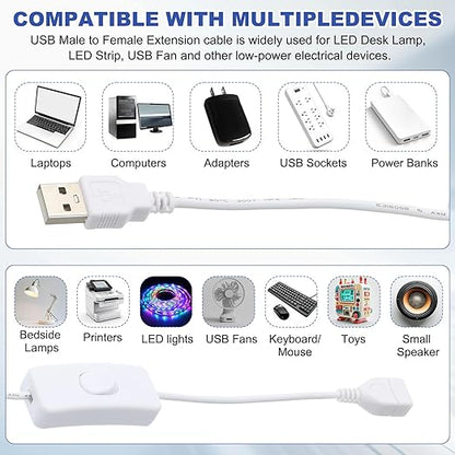 MECCANIXITY USB Extension Cable with ON/Off Toggle Switch 1m USB Male to Female Extension Cord for Desk Lamp Fan LED Light Strip White Pack of 1