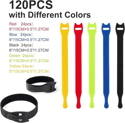 OneLeaf 120PCS Cord Organizer 6in Cable Ties Reusable with Hook and Loop, Colorful Fastening Cord Ties Wire Management for Home, Office, Data Centers, and Electronics, 5 colors