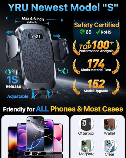 YRU [2025 Ultimate Car Phone Holder Mount [Bendable & Adjustable Aluminum Arm] Cell Phone Holder for Car Dashboard Windshield Phone Stand for iPhone 16 15 14 13 Pro Max Samsung Pickup Truck, Black