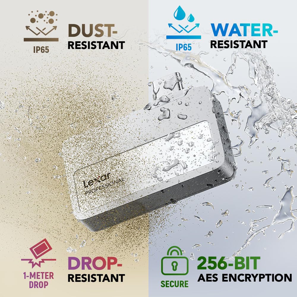 Lexar 2TB Professional Go Portable SSD, Supports Apple 4K 60fps ProRes, Up to 1050MB/s, USB 3.2 Gen 2, Rugged, IP65, Ultracompact, Compatible w/iPhone 15/16 (Not 17), External SSD (LSL400X002T-RNSNU)
