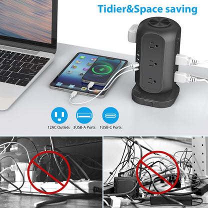Power Strip Tower AOFO 12 AC Outlets with 4 USB(1 USB C) Ports Charging Station with Overload Protection, Widely Spaced Multiple Outlets with 10Ft Extension Cord for Home,Dorm & Office
