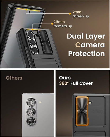 Vihibii for Samsung Galaxy Z Fold 6 Case with Belt Clip Holster & Card Holder & Slide Camera Cover & Hinge Protection & Screen Protector, Shockproof Rugged Wallet Case for Galaxy Z Fold 6, Black
