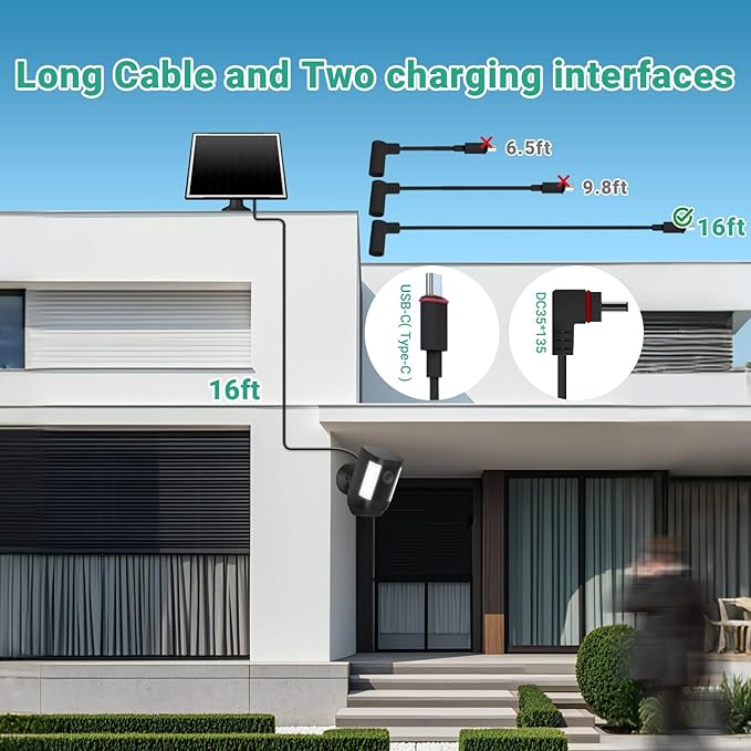 Solar Panel for Ring Camera, 8W High - Efficiency Solar Charger, Compatible with Stick Up Cam & Spotlight Cam (Battery) - Waterproof, 16ft Long Cable, USB-C & DC5V Ports, Sleek Black Finish