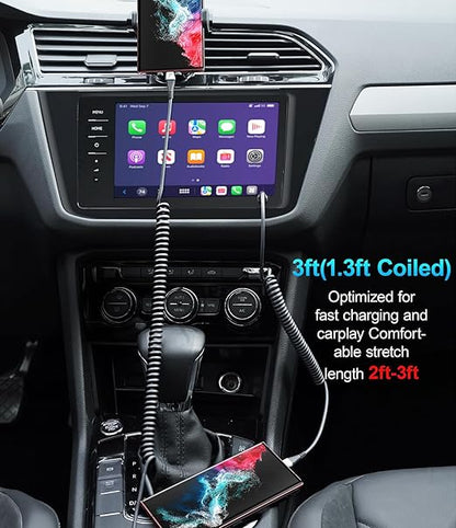 USB C to C 100W 3ft, 2Pack Coiled USB C Charger Cable for Car, Short Type C USBC Fast Charging Cable for iPhone 16/15/Pro/Plus/Pro Max/Samsung Galaxy S23, Compatible All Type C Devices