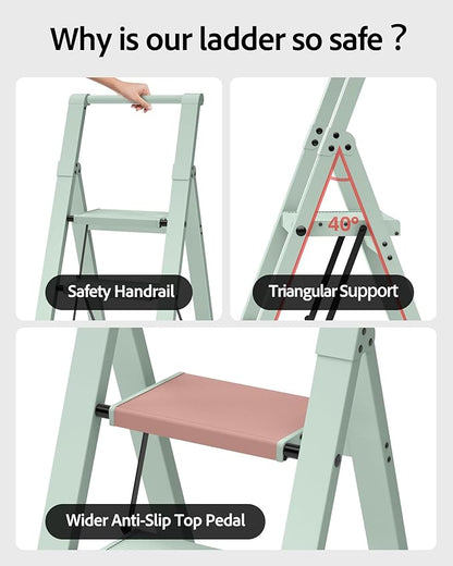 Taranta 4 Step Ladder, Lightweight Aluminum Step Stool with Convenient Handgrip, Folding Ladder with Anti-Slip Pedals, 330lbs Capacity Stepladder for Home, Office, Kitchen - Fairyland Green