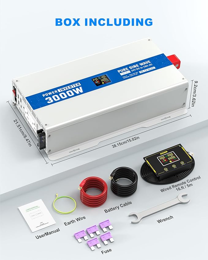 3000W Pure Sine Wave Power Inverter 24V DC to 120V AC Converter 6000 Watt Peak Power Multi-Display Screen with 2 GFCI Outlet 30W USB and 18W Type-C for Car RV Truck Boat Off-Grid, Gray Blue