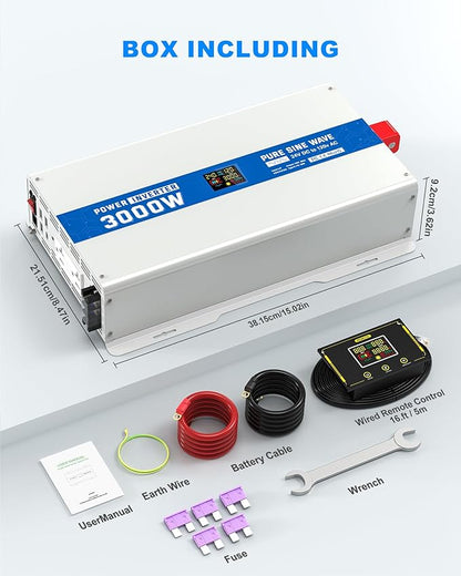 3000W Pure Sine Wave Power Inverter 24V DC to 120V AC Converter 6000 Watt Peak Power Multi-Display Screen with 2 GFCI Outlet 30W USB and 18W Type-C for Car RV Truck Boat Off-Grid, Gray Blue