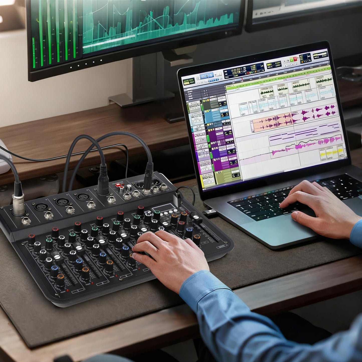 Jindaaudio 7 Channel mixer, DJ Mixer Board, Audio Sound Card with Interface Recording and 48V Phantom Power, Sounds Mixer Board with FX Reverb Delay Effect for Streaming