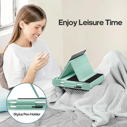 KDD Tablet Pillow Stand, Multi-Angle Viewing Ipad Holder for Lap, Bed and Desk, Foldable Soft Pad Dock with Stylus Mount Compatible with Ipad Pro 12.9, 10.5, 11, Air, Mini, Phones, Books, E-Reader