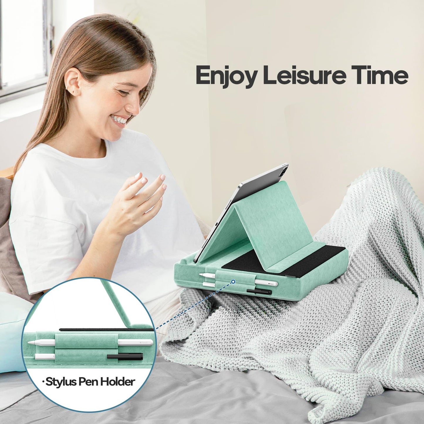 KDD Tablet Pillow Stand, Multi-Angle Viewing Ipad Holder for Lap, Bed and Desk, Foldable Soft Pad Dock with Stylus Mount Compatible with Ipad Pro 12.9, 10.5, 11, Air, Mini, Phones, Books, E-Reader