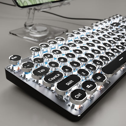 SEUNKWANG Typewriter Style Mechanical Gaming Keyboard with White Backlit, Wired Retro Punk Computer Keyboard Durable Metal Panel, Clicky Blue Switch, Round Keycaps, Full-size for PC/Desktop/Win, Black