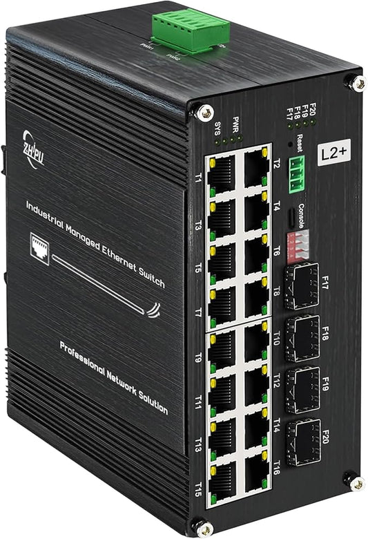 16-Port Gigabit Network Switch with 4 SFP Slot, L2+ Managed PoE Ethernet Switch, Support IEEE802.3af/at, Ring Network, VLAN, STP/RSTP, Plug and Play, Din Rail Installation