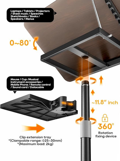 2 in 1 Adjustable Book Stand - Dual-Use Floor and Desktop Book Holder Stand, Height Adjustable 23.5-52 in, Elastic Page Clips for Music Sheet, Recipe, Tablet, Laptop-Black