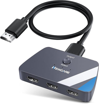 NEWCARE HDMI Switch 3 in 1 Out, 4K@60Hz HDMI 2.0 Switch with 2.6FT HDMI Cable, 3-Port HDMI Switcher Selector, Supports 4K 30Hz 3D 1080P HDCP2.2 for PS5 Xbox DVD Player Fire Stick PC, Grey