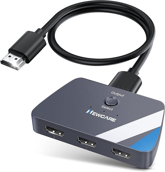 NEWCARE HDMI Switch 3 in 1 Out, 4K@60Hz HDMI 2.0 Switch with 2.6FT HDMI Cable, 3-Port HDMI Switcher Selector, Supports 4K 30Hz 3D 1080P HDCP2.2 for PS5 Xbox DVD Player Fire Stick PC, Grey