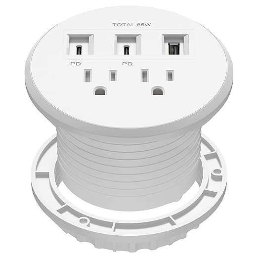 LIDER PD 65W GaN Technology Desktop Power Grommet, Power Delivery, USB-A & 2 USB-C Ports, Tamper-Resistant Receptacles, Self-Close Cover, 6.5ft Cord, ETL Listed, Thermoplastic, Matte White