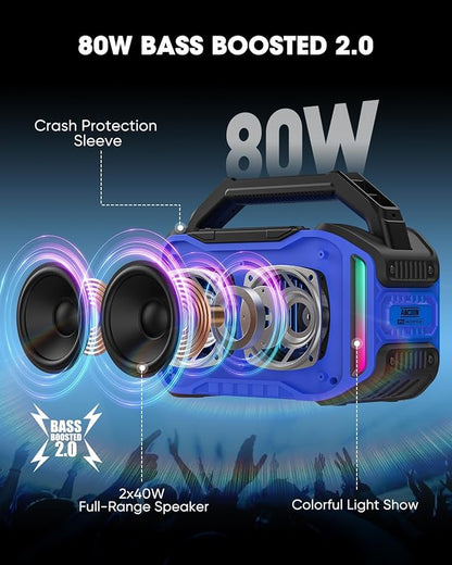 ANCOON Speakers Bluetooth Wireless: 80W(Peak) Loud Speaker with Bass, 20H Playtime, IPX6 Waterproof, Large Jobsite Speakers for Work, Outdoor, Workshop, Garage, Portable Speaker with TWS (Blue)