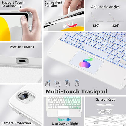 MoKo Touch Keyboard Case for iPad (A16) 11th Generation 11 inch 2025, iPad 10th Generation 10.9 inch Case with Pencil Holder, 7 Colors Backlit Multi-TrackPad Detachable Bluetooth Keyboard, White