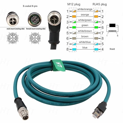 HangTon M12 Ethernet 8 Pin X Coded RJ45 CAT7e GigE Cable for Basler Cognex Vision Camera Sensor High Speed Network Switch Router PLC 30cm