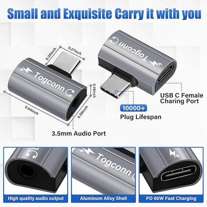 USB C to 3.5mm Aux Headphone and Charger Adapter Splitter, 2 in 1 USB Type C Male to Aux Audio Jack with PD 60W Fast Charge Port for iPhone 15 Pro Max, Galaxy S24/23 Ultra, iPad Pro, Pixel 8