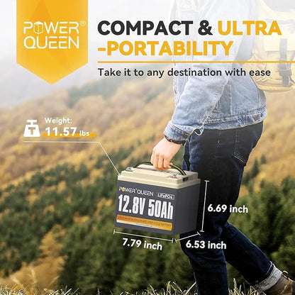 Power Queen 12V 50Ah LiFePO4 Battery with 14.6V 10A LiFePO4 Battery Charger, Built-in 50A BMS, Fast and Fully Charged, 15000+ Cycles, Perfect for Kayak Trolling Motor, RV Trailer, Solar Application