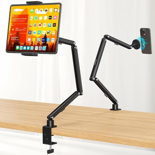 Houele Tablet Stand Holder, Foldable iPad Holder Arm with 360°Rotate Base, Tablet Desk Mount with Magnetic and Clamp, iPad Stand for Desk, Compatible with Tablets, Phones or Other 4.7-15.6" Devices